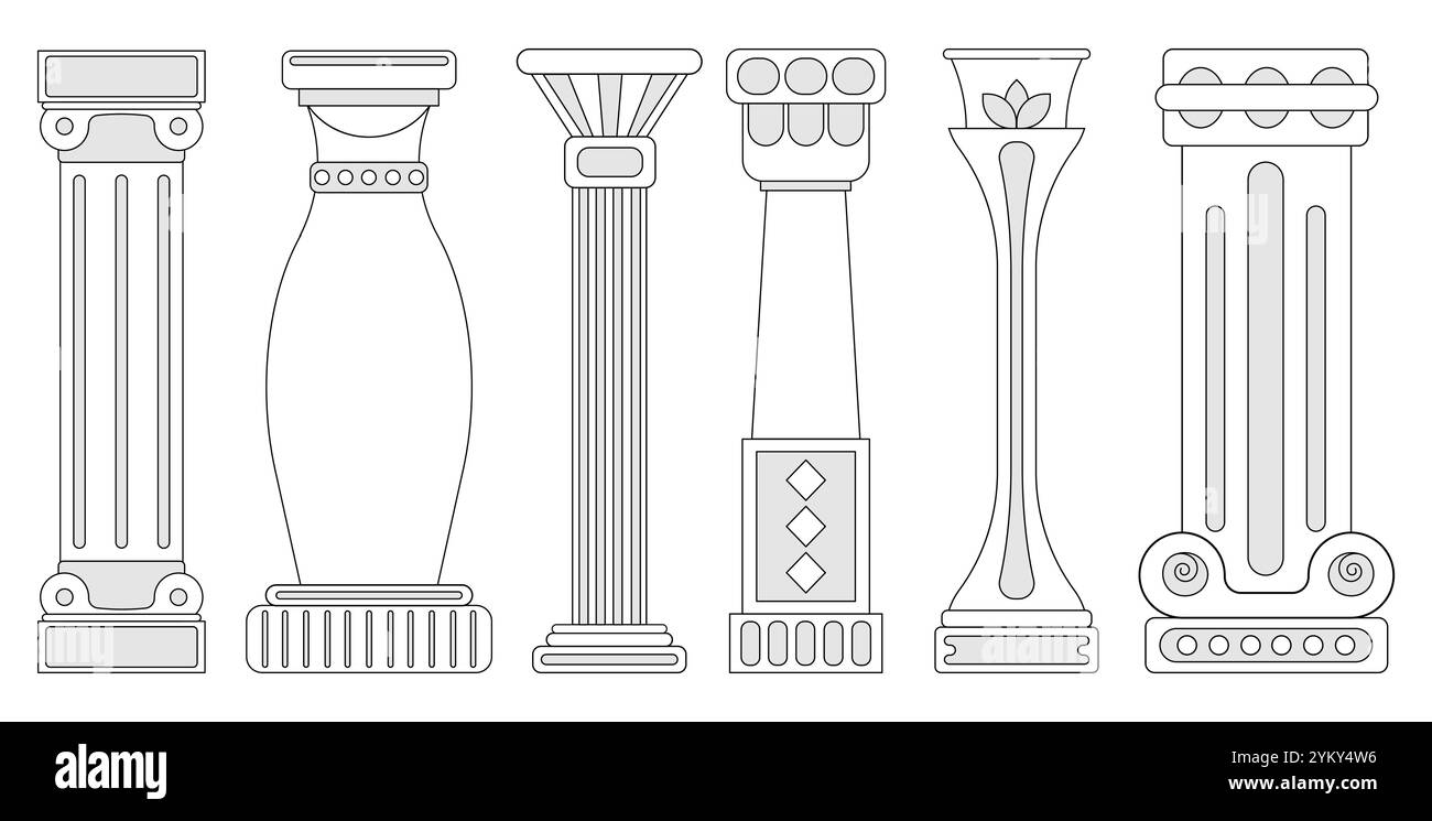 Delineare insieme di colonne antiche. Marle antichi piedistalli e podi. Elementi architettonici medievali romani e greci. Scultura vintage. Vettore lineare Illustrazione Vettoriale