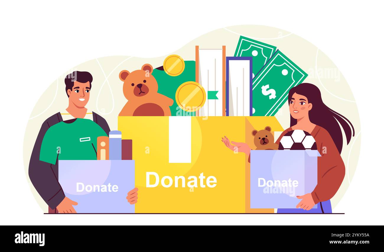 Persone con donazioni. Uomo e donna con scatole di cose e giocattoli. Volontari dell'organizzazione di beneficenza. Generosità e gentilezza. Vettore piatto Illustrazione Vettoriale