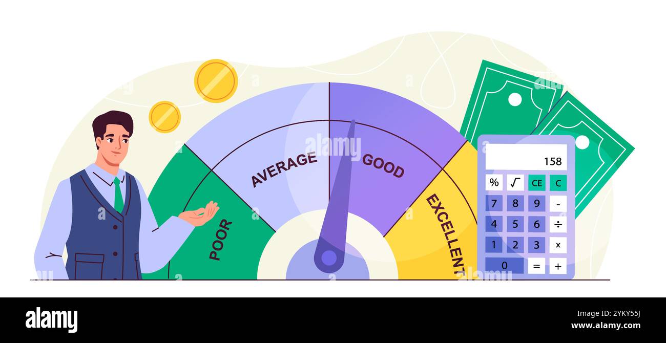 Uomo con rating. Giovane con indicatore di credito. Mutuo e prestito, credito. I dipendenti del settore bancario valutano le prestazioni finanziarie. Vettore piatto Illustrazione Vettoriale