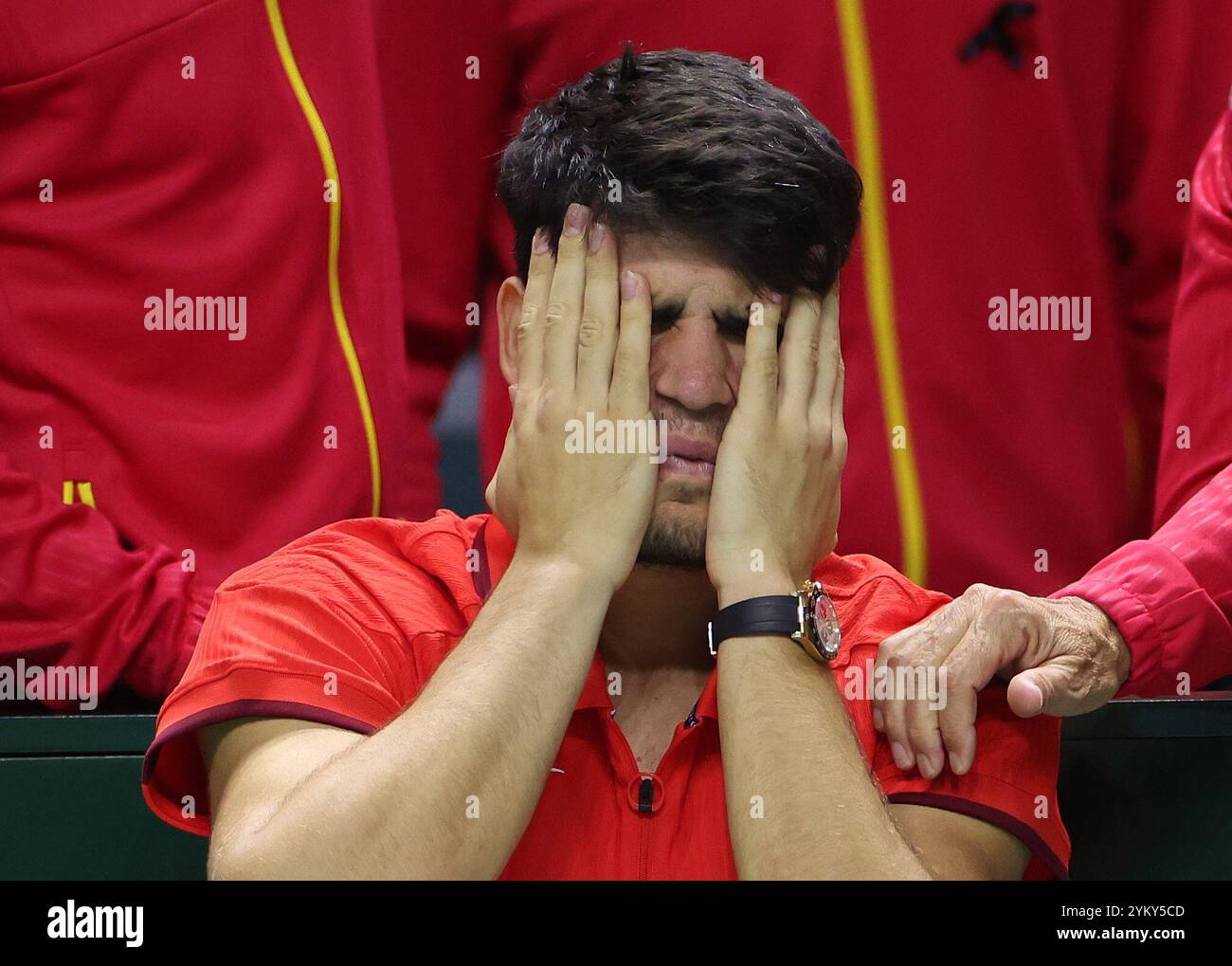 Malaga, Regno Unito. 20 novembre 2024. Carlos Alcaraz e Roberto Bautista React vengono eliminati dalla squadra olandese durante la finale di Coppa Davis 2024, al Palacio de Deportes Jose Maria Martin Carpena Arena di Malaga. Crediti: Isabel Infantes/Alamy Live News Foto Stock