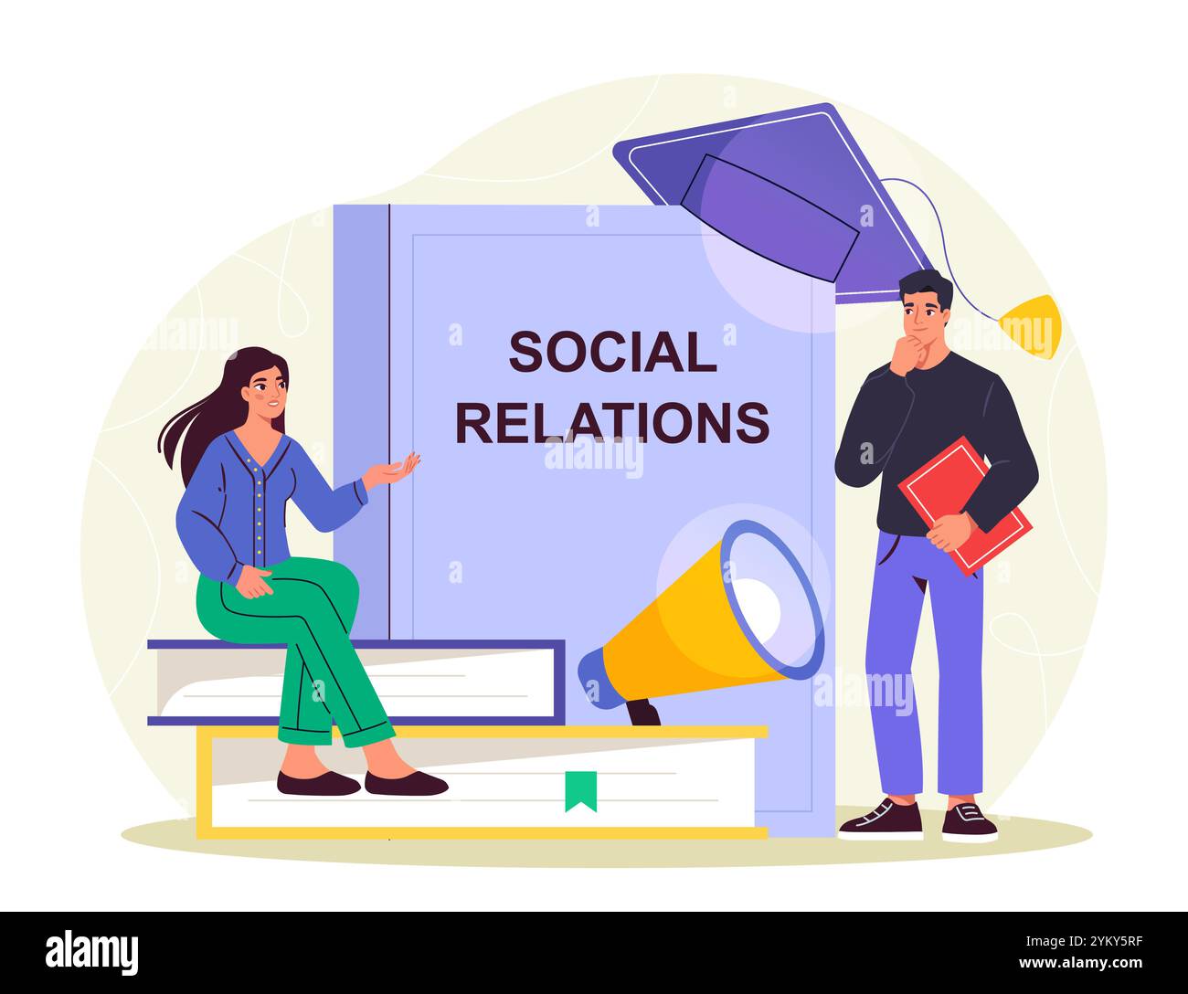 Scuola di sociologia. Uomo e donna sono vicini a un libro sulle relazioni sociali. Una comunità globale che studia. Apprendimento e istruzione. Persone che studiano sociologia. Piatto Illustrazione Vettoriale