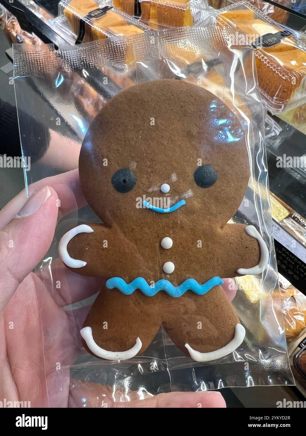 Design super adorabile e simpatico dei biscotti Gingerbread man in una confezione di plastica pronta per il consumo. Offerta per il periodo natalizio. Singapore - Immagine stock catturata con smartphone
