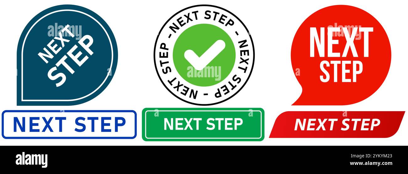 Fase successiva pianificare il movimento futuro avanzamento dell'idea sviluppo del processo timbro in movimento distintivi colorati emblema etichetta adesivi design Set di icone collezione Illustrazione Vettoriale