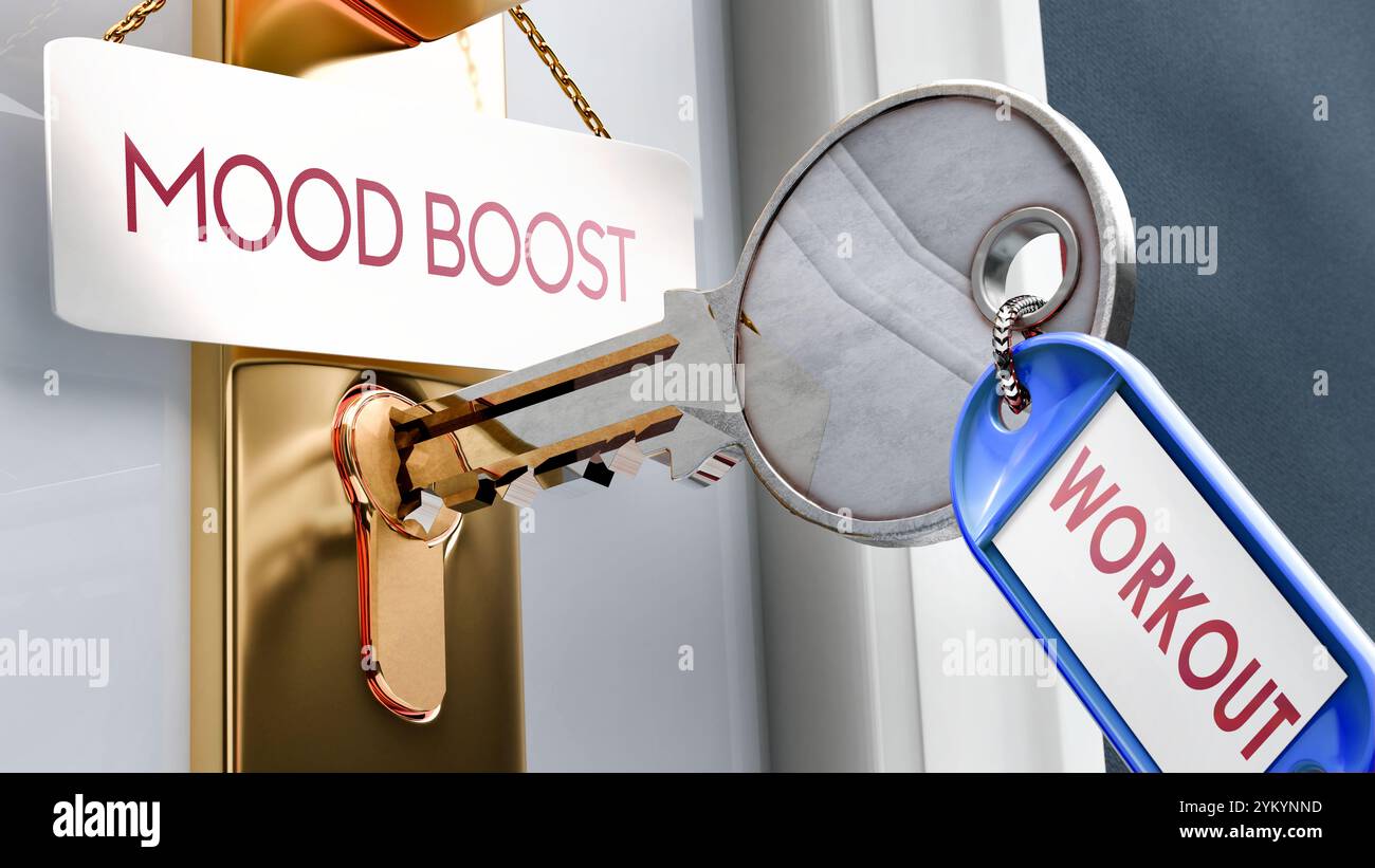L'allenamento porta a Mood Boost: È la chiave per sbloccare Mood Boost. Una metafora della chiave della porta che mostra come l'allenamento sia un fattore chiave per accedere a un tocco di umore. E' necessario Foto Stock