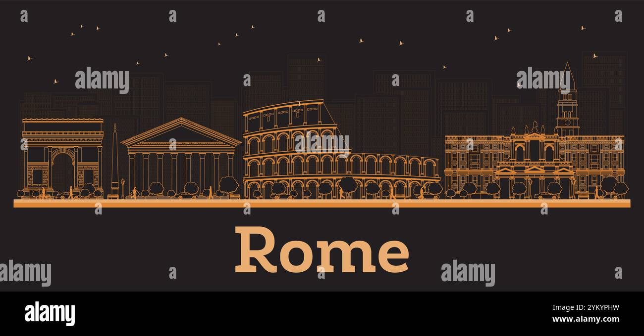 Delinea lo skyline della città di Roma Italia con gli edifici arancioni. Illustrazione vettoriale. Viaggi d'affari e concetto con architettura moderna. Il paesaggio urbano di Roma. Illustrazione Vettoriale