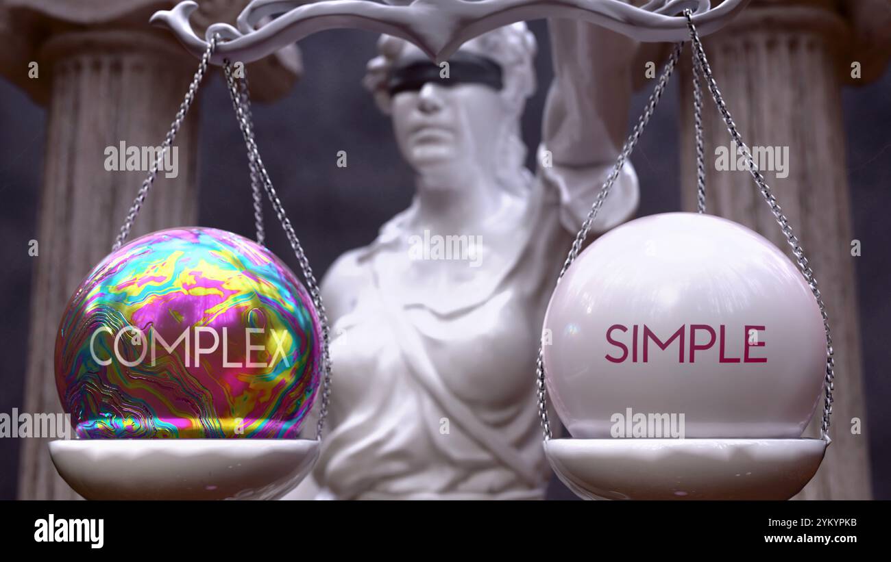 Complesso o semplice come una scelta, due opzioni tra cui scegliere. Statua greca che presenta due alternative: Complessa o semplice, pesando i loro valori. Guardando Foto Stock