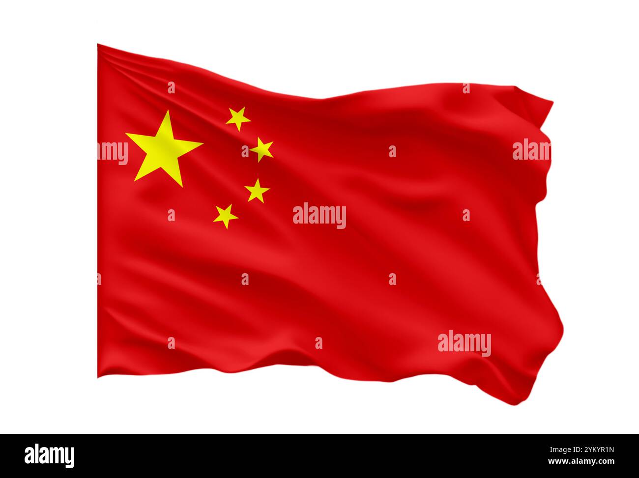 Sventolando la bandiera della Cina su sfondo bianco. Bandiera della Cina per il giorno dell'indipendenza. Il simbolo dello stato sul tessuto ondulato. Foto Stock