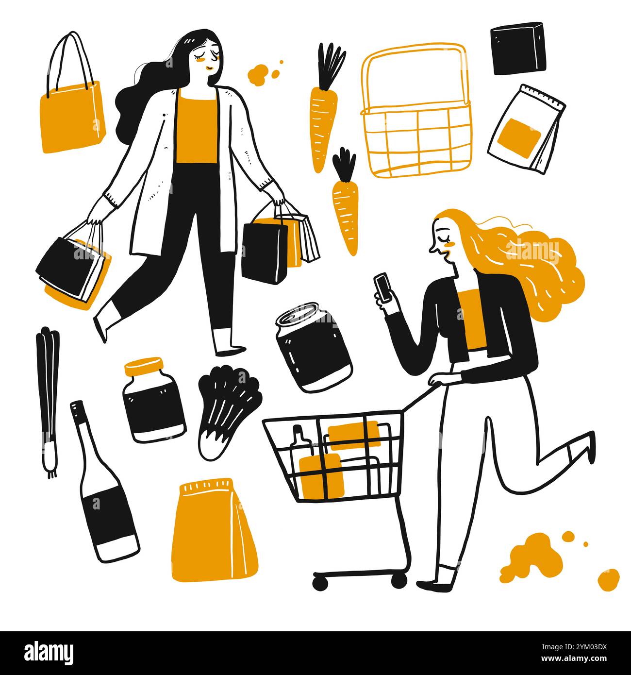 Il carattere distintivo delle persone che fanno shopping. Illustrazione vettoriale nello stile del doodle dello schizzo. Illustrazione Vettoriale