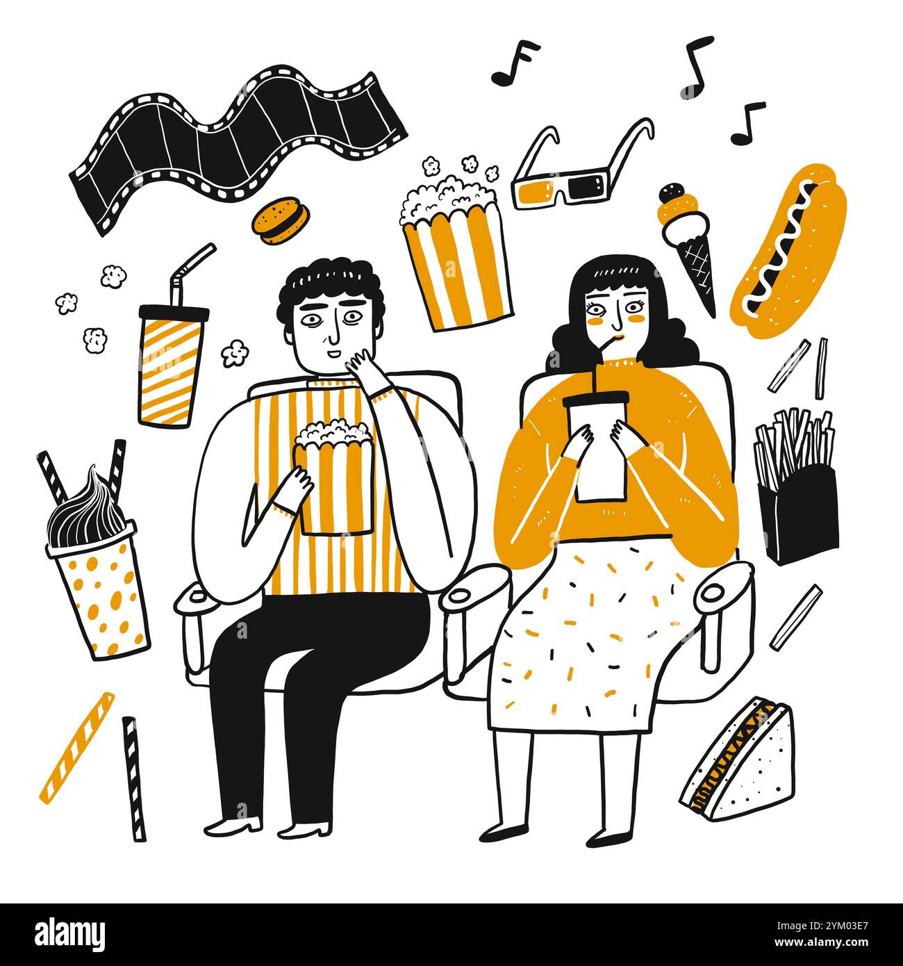 Il personaggio delle persone, amante del popcorn. Illustrazione vettoriale nello stile del doodle dello schizzo. Illustrazione Vettoriale