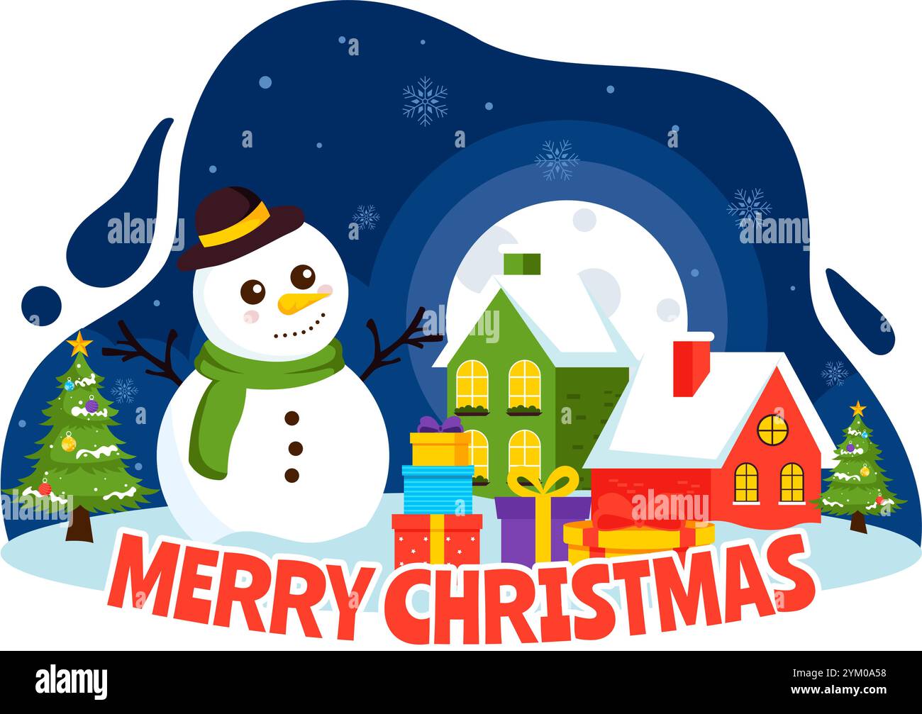 Illustrazione vettoriale della festa di buon Natale con Babbo Natale, palla di bolla, confezione regalo, regali a sorpresa, alberi, e la neve su uno sfondo di cartone animato piatto Illustrazione Vettoriale