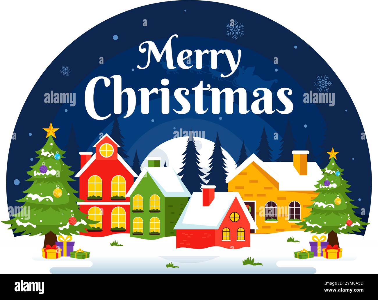 Illustrazione vettoriale della festa di buon Natale con Babbo Natale, palla di bolla, confezione regalo, regali a sorpresa, alberi, e la neve su uno sfondo di cartone animato piatto Illustrazione Vettoriale