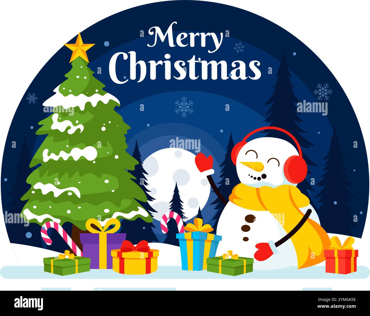 Illustrazione vettoriale della festa di buon Natale con Babbo Natale, palla di bolla, confezione regalo, regali a sorpresa, alberi, e la neve su uno sfondo di cartone animato piatto Illustrazione Vettoriale