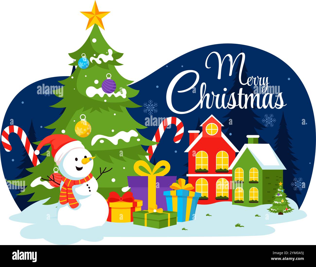 Illustrazione vettoriale della festa di buon Natale con Babbo Natale, palla di bolla, confezione regalo, regali a sorpresa, alberi, e la neve su uno sfondo di cartone animato piatto Illustrazione Vettoriale