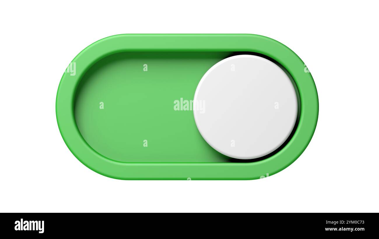 Interruttore a bilanciere. Pulsante di accensione e spegnimento. Colore verde. illustrazione 3d. Foto Stock