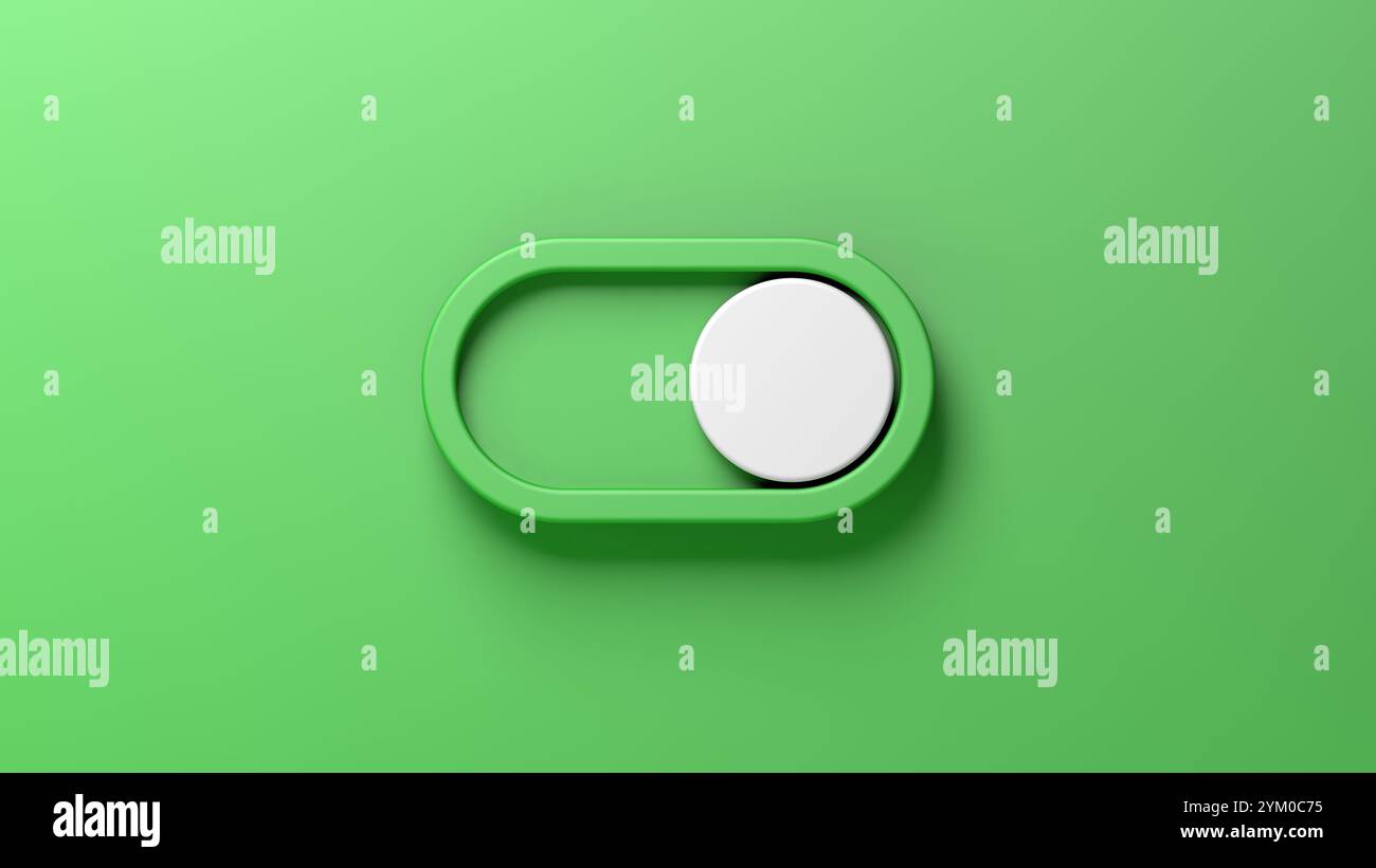 Interruttore a bilanciere. Pulsante di accensione e spegnimento. Colore verde. illustrazione 3d. Foto Stock