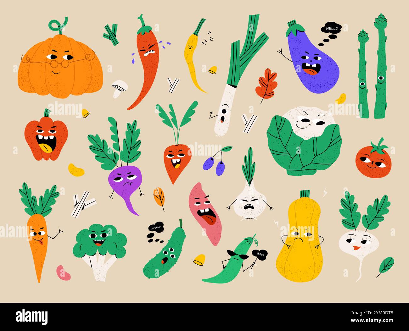Simpatici personaggi vegetali con divertenti facce kawaii Illustrazione Vettoriale