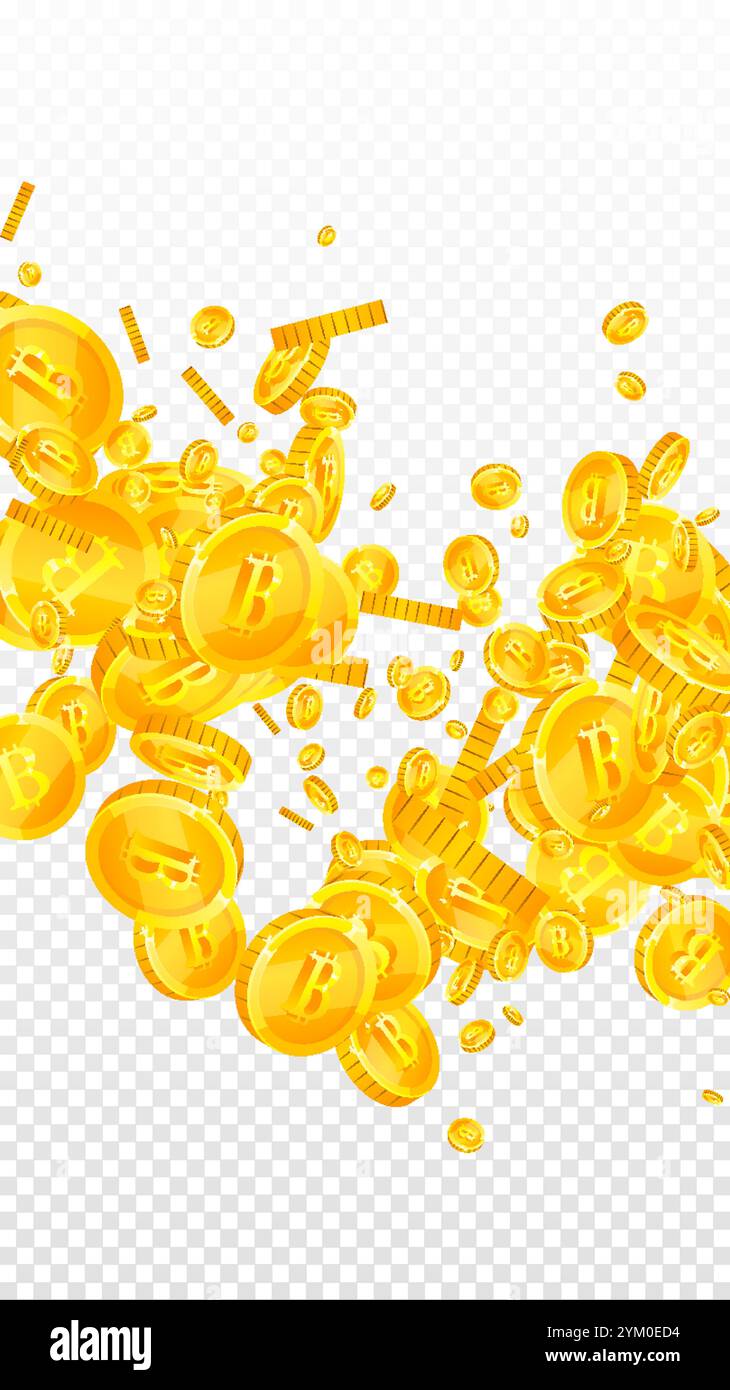 Bitcoin monete in calo. Criptocurrency monete d'oro sparse BTC. Valuta Internet. Grande concetto di successo aziendale. Illustrazione vettoriale. Illustrazione Vettoriale