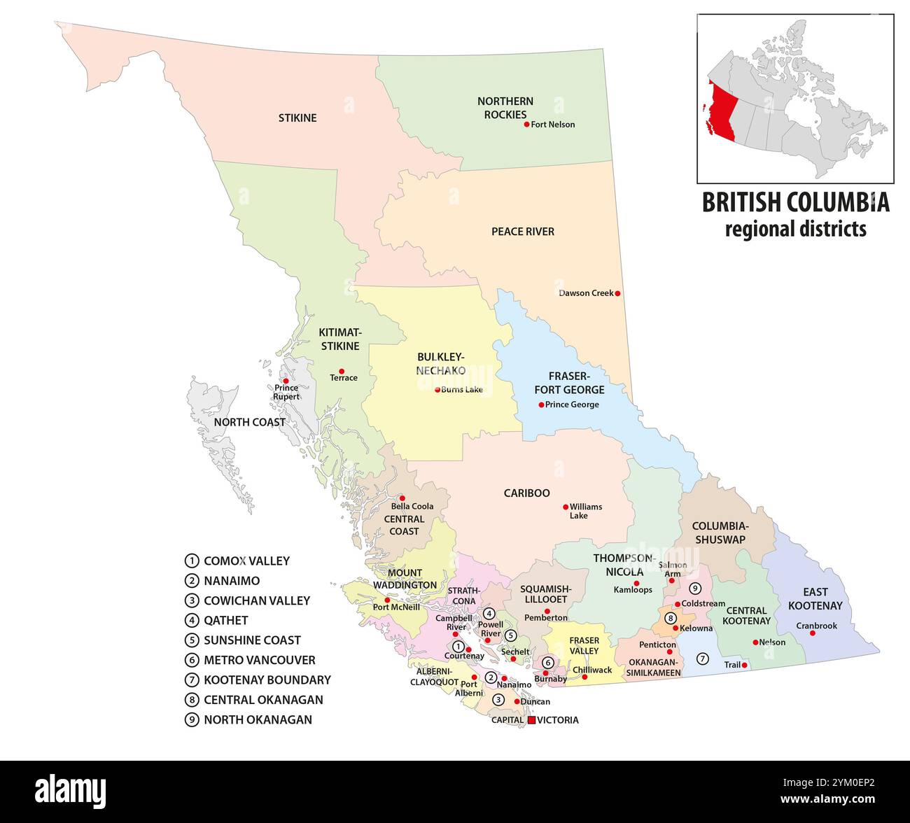 Mappa amministrativa vettoriale della provincia canadese della Columbia Britannica Foto Stock