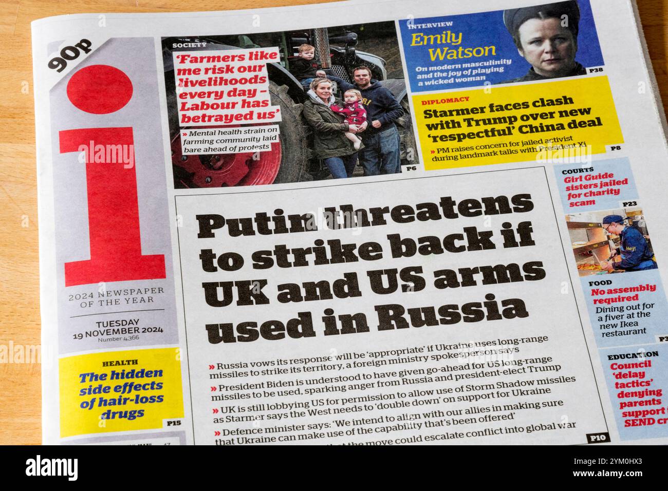 19 novembre 2024. Il titolo del giornale i è che Putin minaccia di contrattaccare se le armi del Regno Unito e degli Stati Uniti sono usate in Russia. Foto Stock