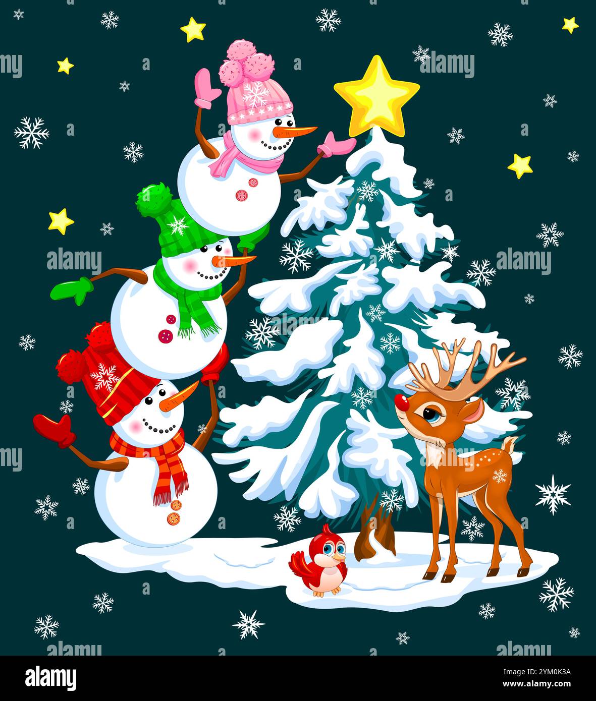 Tre simpatici pupazzi di neve decorano la parte superiore dell'albero di Natale con una stella, in piedi sulle spalle dell'altro. La notte di Natale, le stelle sono S Illustrazione Vettoriale