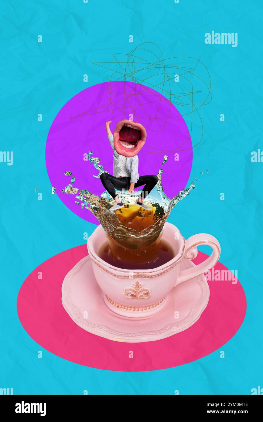 Grafica di tendenza montaggio di schizzi collage 3D di caricatura senza testa giovane salto bocca enorme urla salto immersione tazza da tè bevanda calda Foto Stock