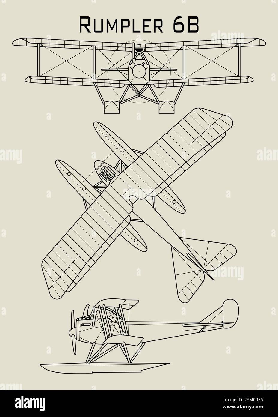 Questo modello raffigura il Rumpler 6B, un idrovolante tedesco della prima guerra mondiale. L'immagine mostra tre diverse viste dell'aereo. Illustrazione Vettoriale