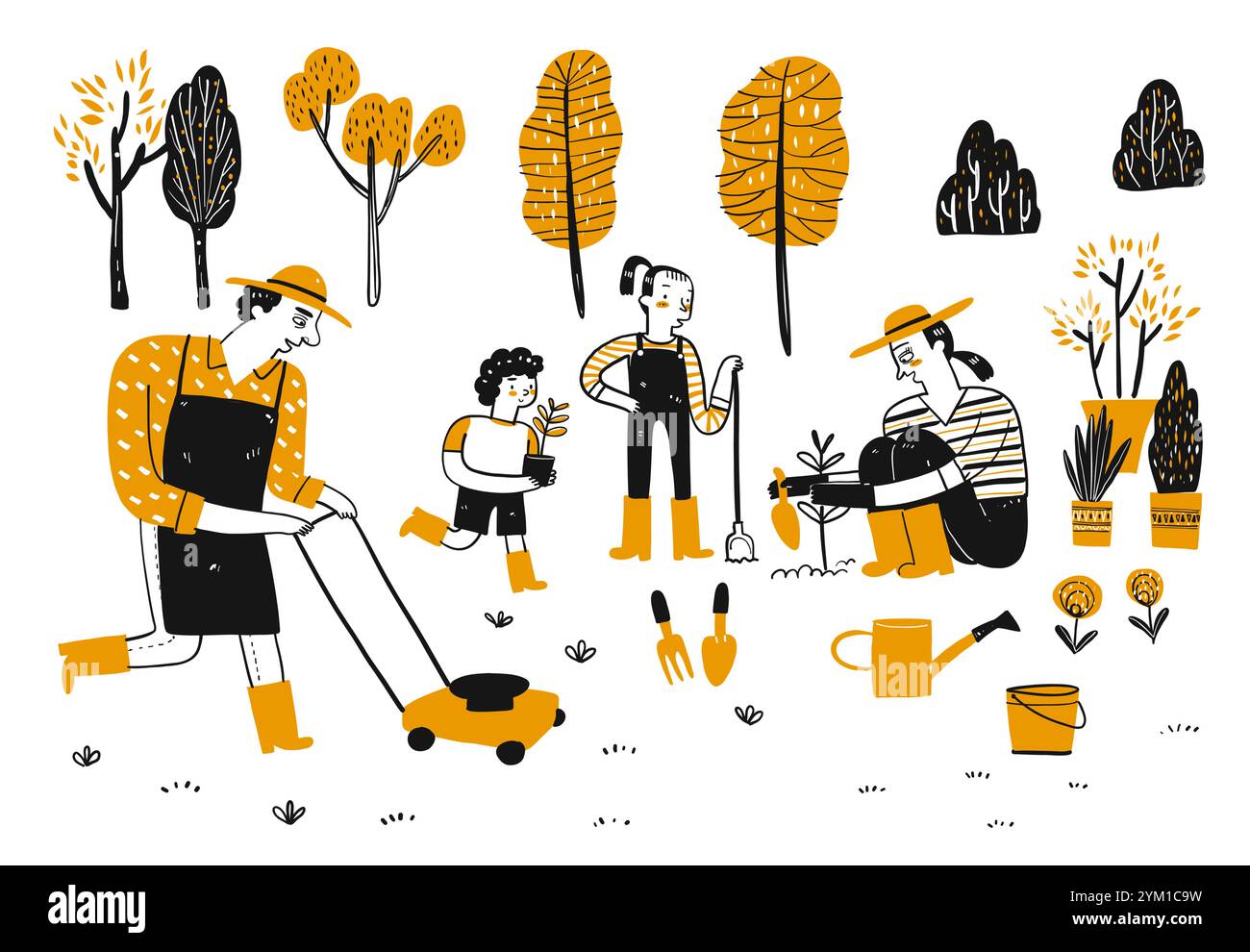 Attività delle persone nel giardinaggio. Illustrazione vettoriale disegna a mano lo stile del doodle. Illustrazione Vettoriale