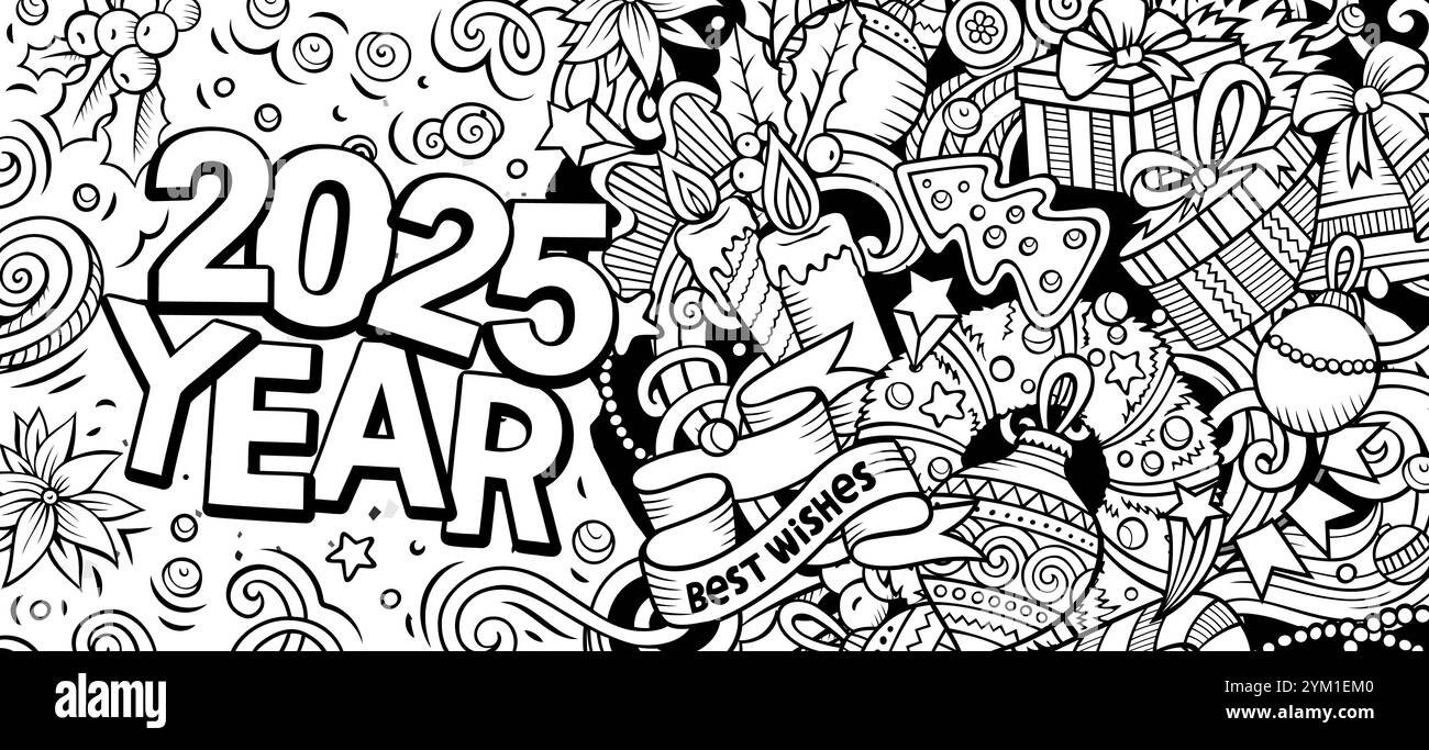 2025 scarabocchi illustrazione orizzontale. Design banner di oggetti ed elementi per il nuovo anno. Creativi cartoni animati per le vacanze invernali. Murale vettoriale colorato Illustrazione Vettoriale