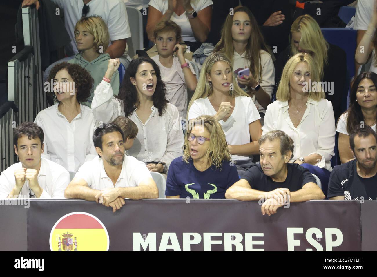 Malaga, Spagna, 19 novembre 2024, Xisca Perello Nadal, Maria Isabel Nadal, Ana Maria Parera durante i quarti di finale di Coppa Davis 2024 tra Paesi Bassi e Spagna al Palacio de Deportes Jose Maria Martin Carpena il 19 novembre 2024 a Malaga, Spagna Foto Stock