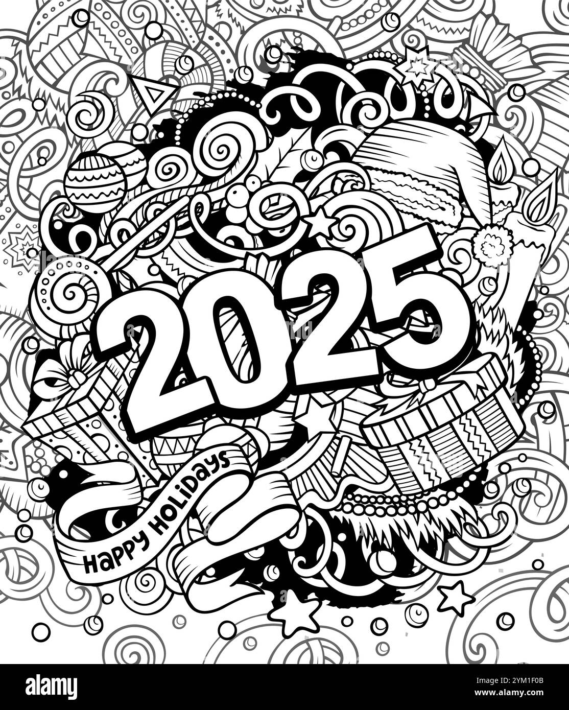 illustrazione di 2025 scarabocchi. Design di oggetti ed elementi per il nuovo anno. Creativi cartoni animati sfondo divertente. Adorabile arte vettoriale colorata Illustrazione Vettoriale
