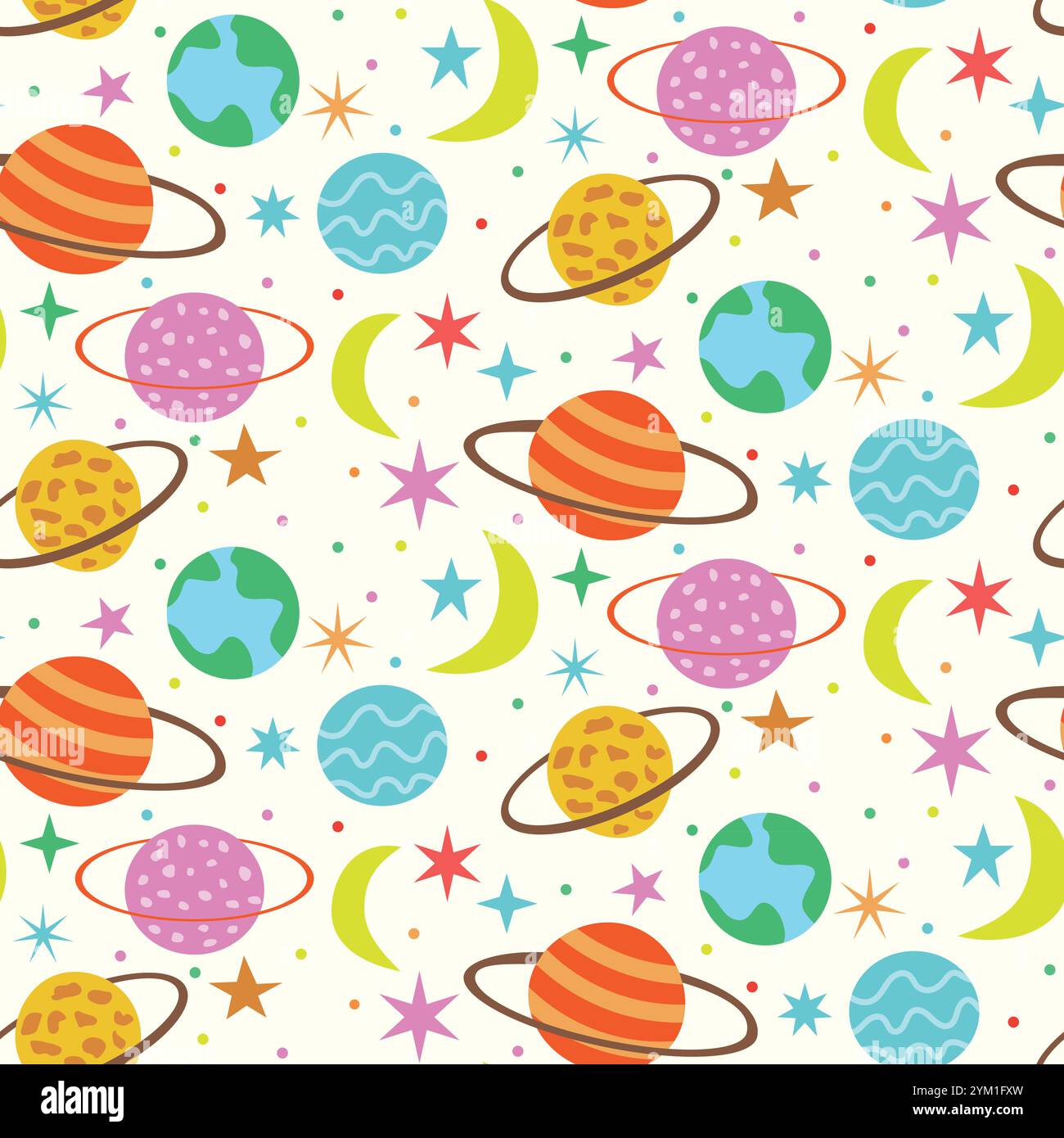 Simpatici pianeti colorati con luna e stelle motivo senza cuciture su sfondo bianco. Per tessuti, carta da parati e tessuti Illustrazione Vettoriale