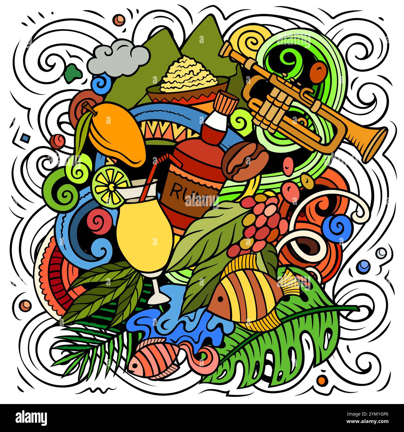 Illustrazione di doodle a cartoni animati di Porto Rico. Divertente design portoricano. Sfondo vettoriale con elementi e oggetti dei paesi caraibici. Composizione colorata Illustrazione Vettoriale