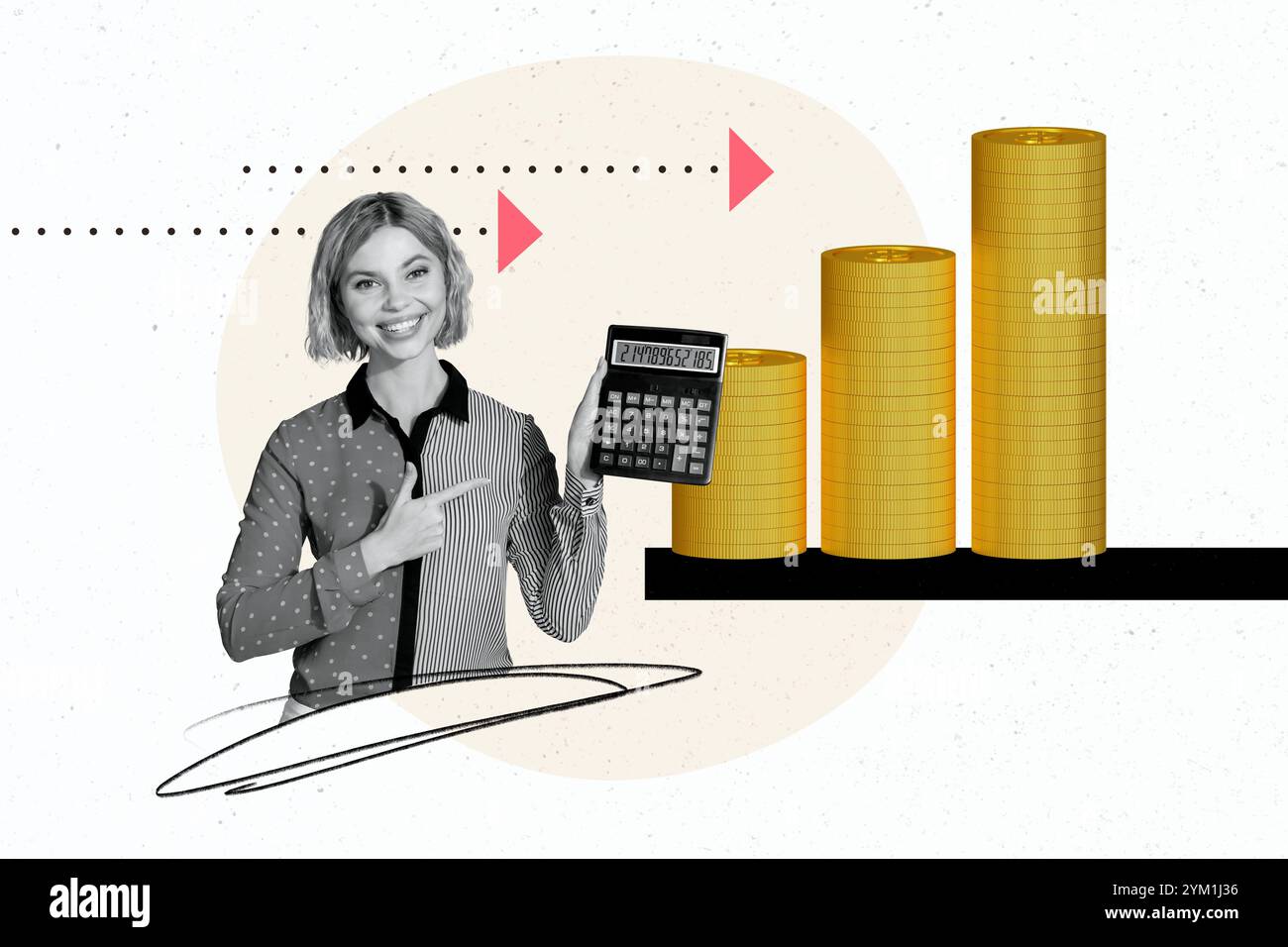 Grafica di tendenza composita schizzo collage di immagini di guadagni aziendali denaro bitcoin cripto giovane signora tenere la calcolatrice dito punta monete enormi Foto Stock