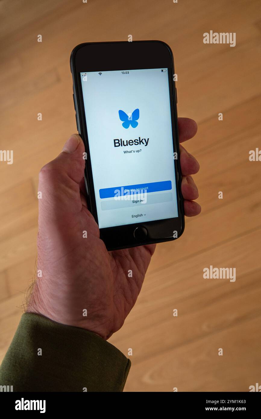 Logo Bluesky Social sull'app mobile per smartphone tieniti in mano con uno sfondo in legno. Alternativa a Twitter X. Copenaghen, Danimarca - 20 novembre 2024. Foto Stock