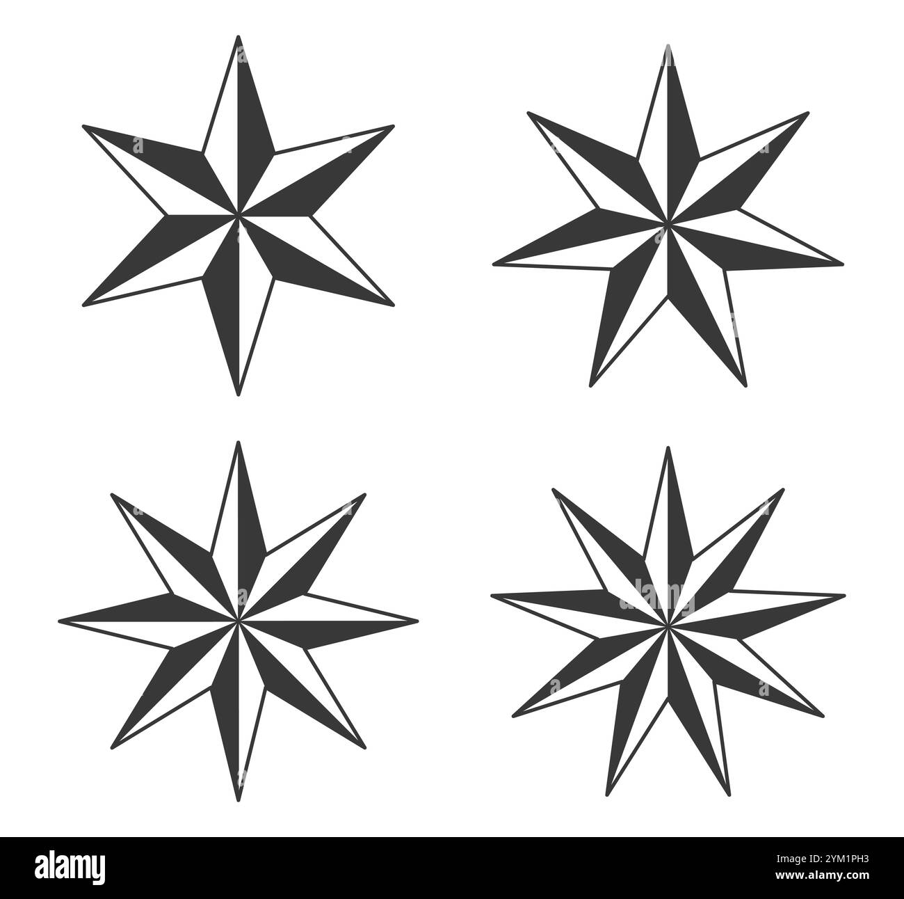 Set di simboli icona stella nautica. collezione di 6, 7, 8 e 9 corni con logo nautical stars. Il vento è salito. Illustrazione vettoriale. Isolato su sfondo bianco. Illustrazione Vettoriale