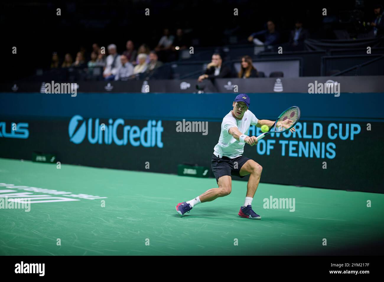Malaga, Spagna. 20 novembre 2024. Daniel Altmaier, squadra tedesca in azione contro Gabriel Diallo, squadra canadese, visto in azione durante i quarti di finale della Coppa Davis, 8 singoli match 1. Martin Carpena Arena. (Foto di Vicente Vidal Fernandez/Sipa USA) credito: SIPA USA/Alamy Live News Foto Stock