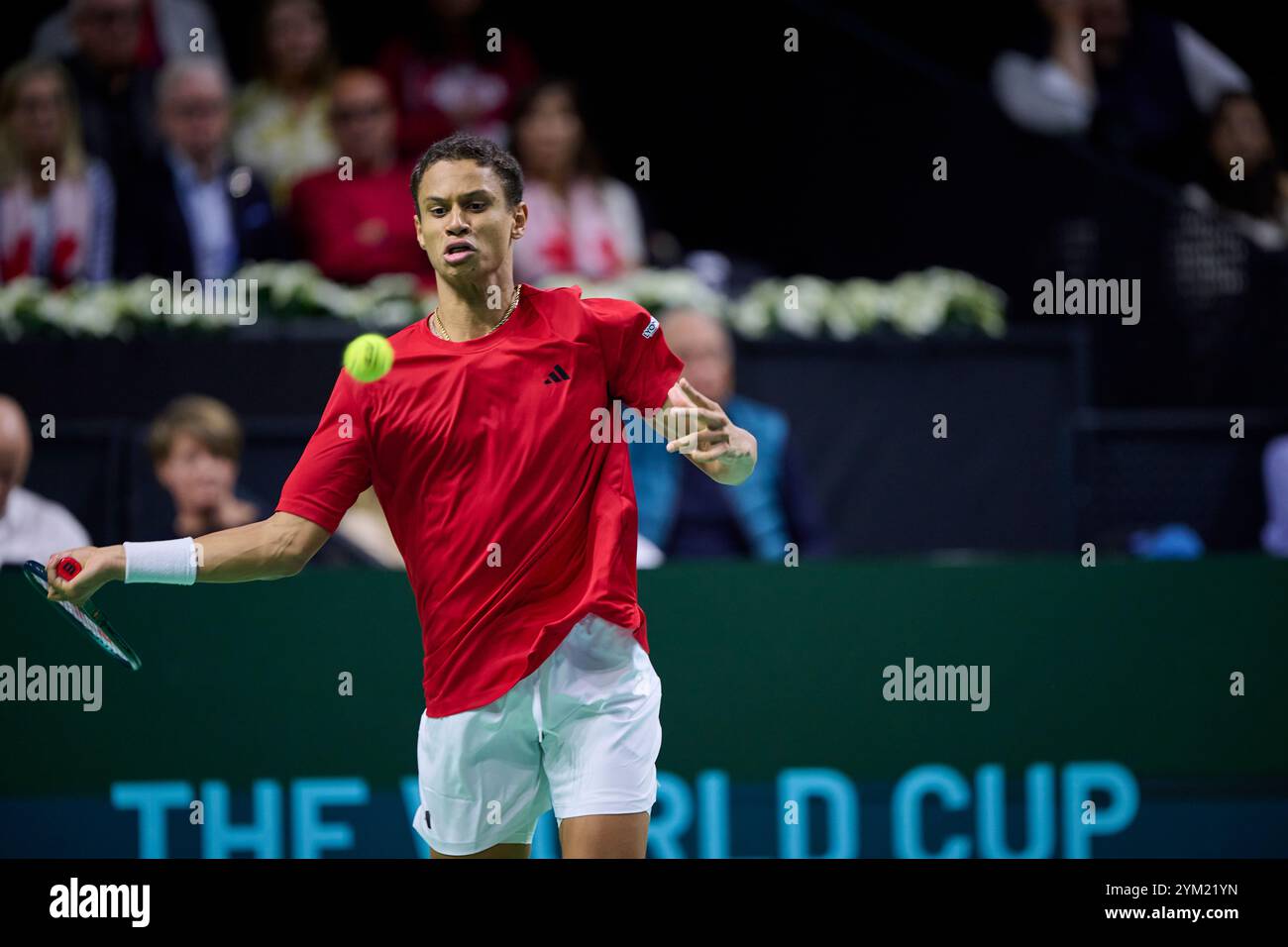 Malaga, Spagna. 20 novembre 2024. Gabriel Diallo, squadra canadese in azione contro Daniel Altmaier, squadra tedesca, visto in azione durante i quarti di finale della Coppa Davis, 8 singoli match 1. Martin Carpena Arena. (Foto di Vicente Vidal Fernandez/Sipa USA) credito: SIPA USA/Alamy Live News Foto Stock