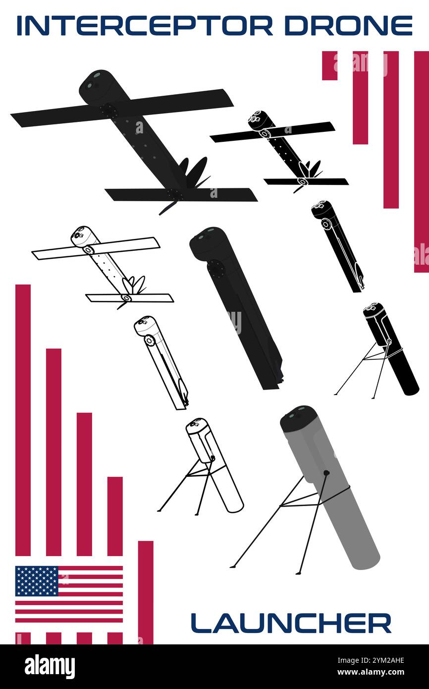 Illustrazione vettoriale UAV del lanciatore anti-drone militare kamikaze USA Illustrazione Vettoriale