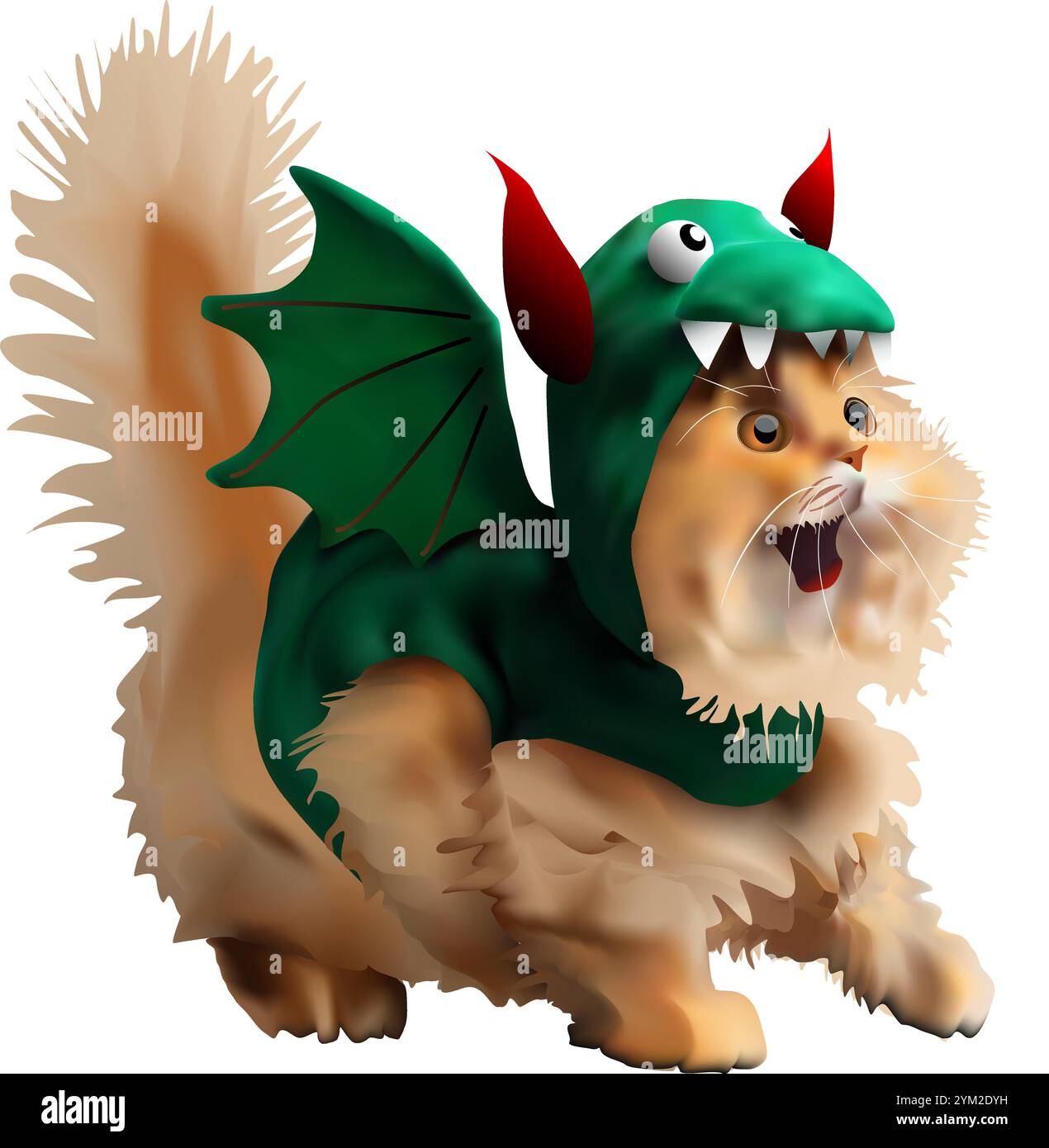 Gatto rosso in costume da drago, su sfondo bianco, stile realistico, illustrazione vettoriale 3d. Illustrazione Vettoriale