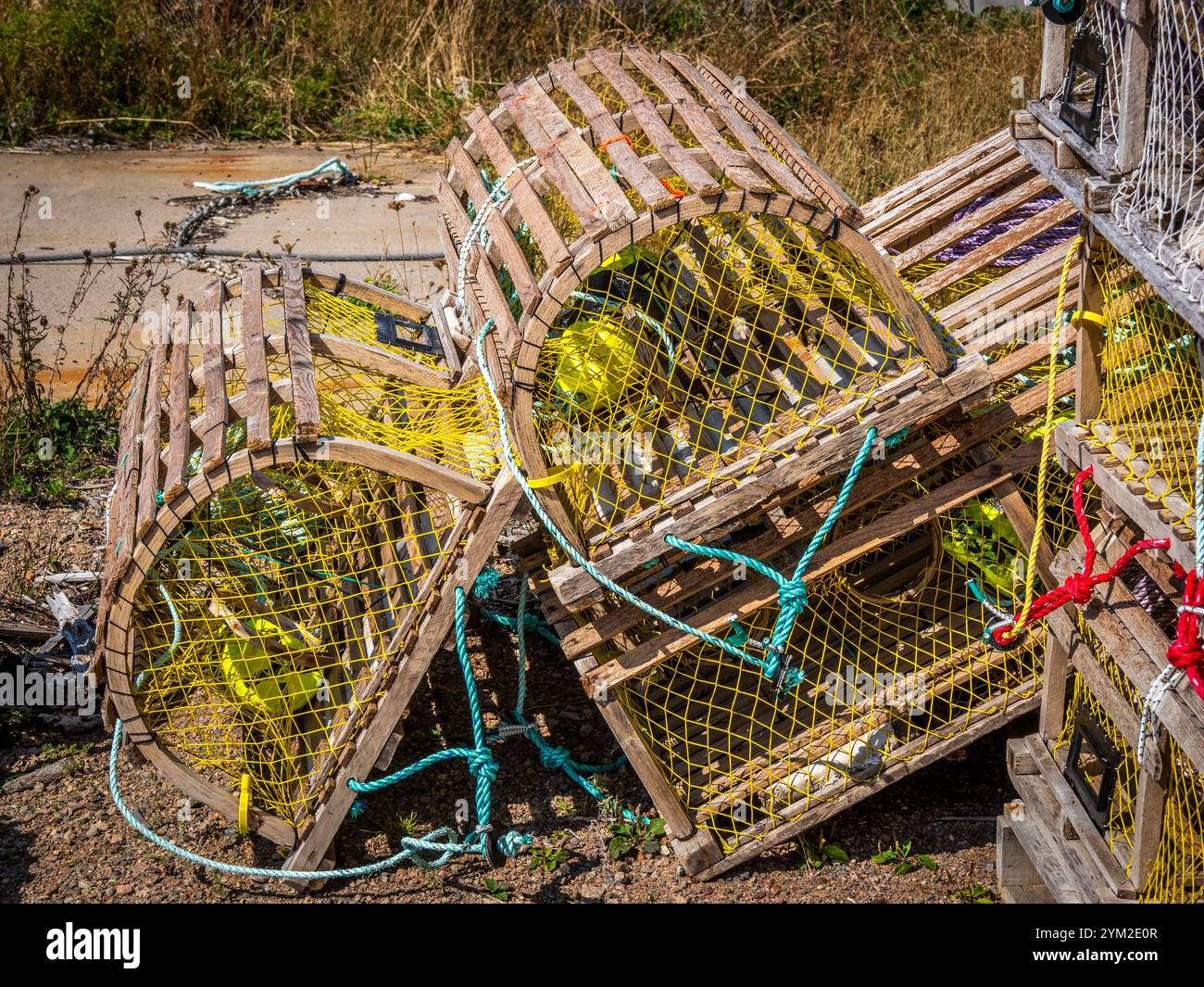 Trappole per aragosta nel porto turistico di Ion Neils Harbor sul Cabot Trail sull'isola di Cape Breton in nuova Scozia, Canada Foto Stock