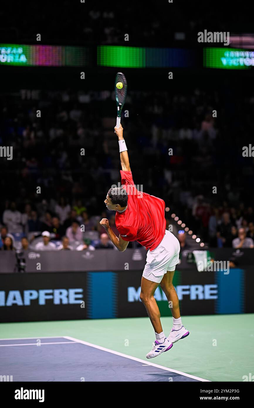 Malaga, Spagna. 20 novembre 2024. Gabriel Diallo, squadra canadese vista in azione contro Daniel Altmaier, tedesco (non in View) durante i quarti di finale di Coppa Davis Final 8 Singles match 1 alla Martin Carpena Arena. Daniel Altmaier ha vinto per 7/6, 6/4 Credit: SOPA Images Limited/Alamy Live News Foto Stock