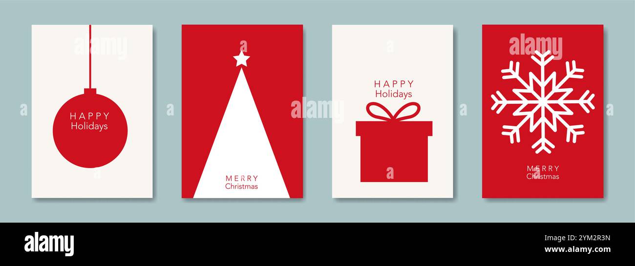 Imposta il biglietto di Natale in stile geometrico minimalista moderno, sfondi rossi e bianchi, elementi per calendario e biglietti di auguri o a tema buon anno Illustrazione Vettoriale