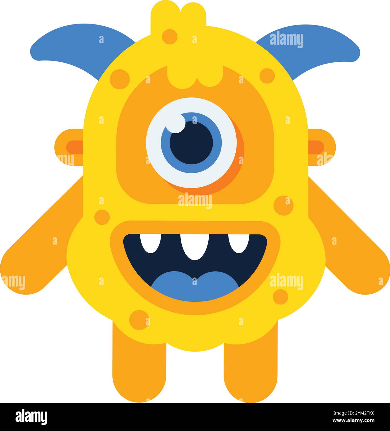Simpatico mostro giallo con un occhio e corna blu sorride, mostra i denti, in piedi su gambe corte. Perfetto per design divertenti Illustrazione Vettoriale Simpatico mostro giallo con un occhio e corna blu sorride, mostra i denti, in piedi su gambe corte. Perfetto per design divertenti Illustrazione Vettoriale