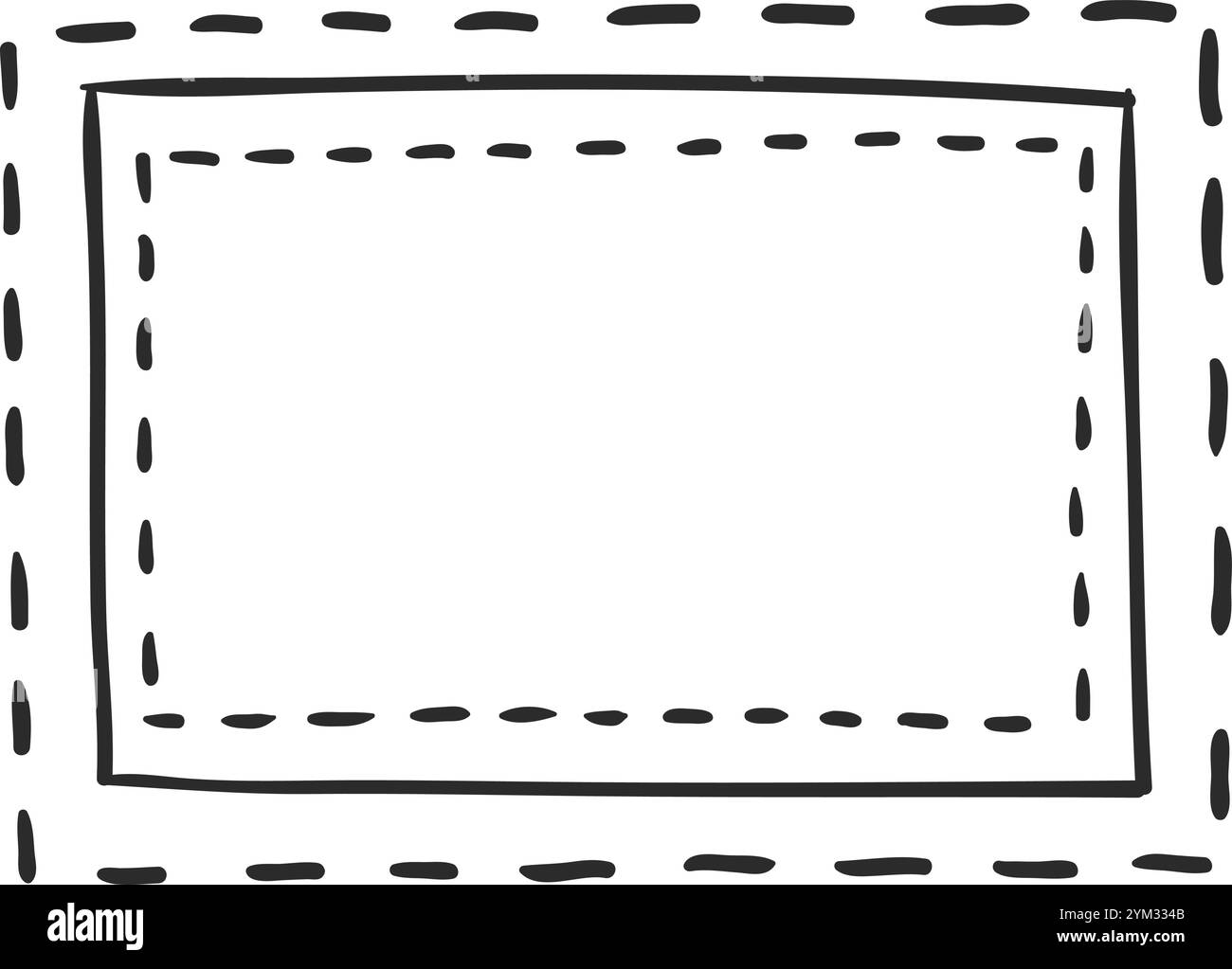 Semplice telaio rettangolare disegnato a mano con una combinazione di linee tratteggiate e continue, che offre un bordo visivamente accattivante per varie applicazioni di design Illustrazione Vettoriale