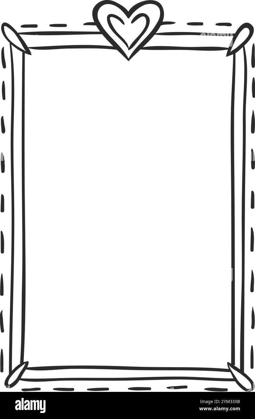 Questa affascinante cornice disegnata a mano, decorata con un cuore nella parte superiore, offre un tocco stravagante, ideale per le carte di san valentino, i layout degli album o qualsiasi altro Illustrazione Vettoriale