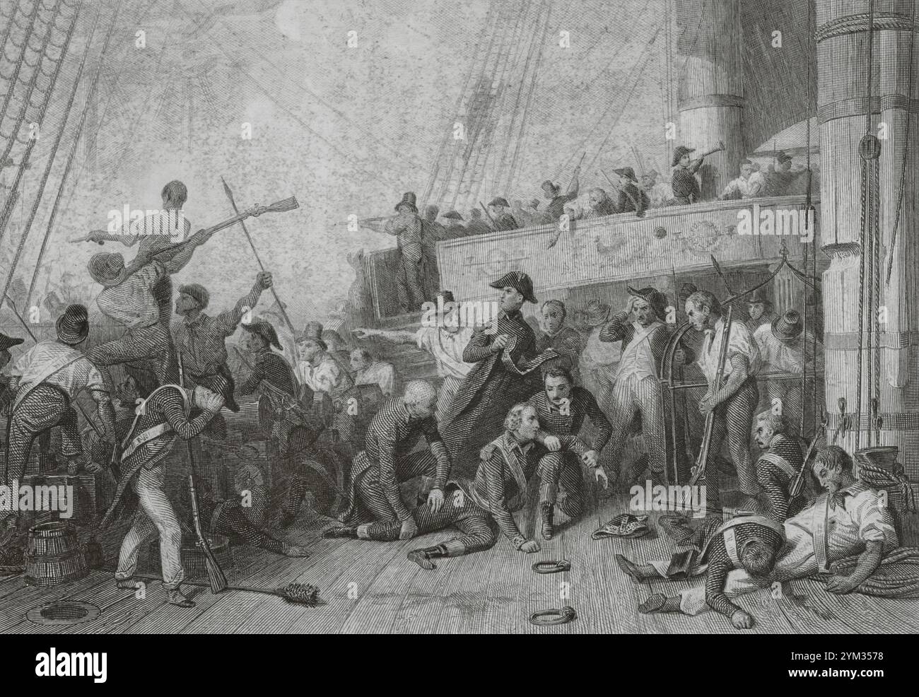 Morte del contrammiraglio Magon (1763-1805) nella battaglia di Trafalgar, 21 ottobre 1805, al comando della nave francese di linea Algésiras. Disegno di Karl Girardet. Incisione di Paul Girardet. Histoire du Consulat et de l'Empire (storia del Consolato e dell'Impero di Francia sotto Napoleone), di A. Thiers. Volume vi. Pubblicato a Parigi, 1847. Foto Stock