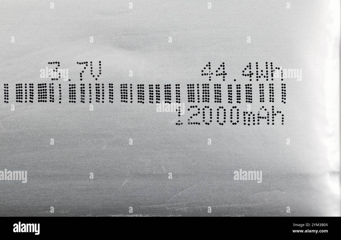 Stampa dettagliata sui polimeri di litio, batteria agli ioni di litio per dispositivi mobili. Foto Stock
