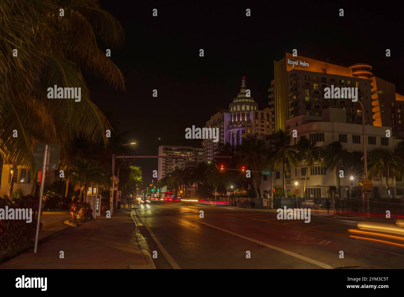 Vista notturna di Collins Avenue a Miami Beach con Royal Palm Hotel, percorsi leggeri di auto in movimento e dettagli sfocati. Miami Beach. STATI UNITI. Foto Stock