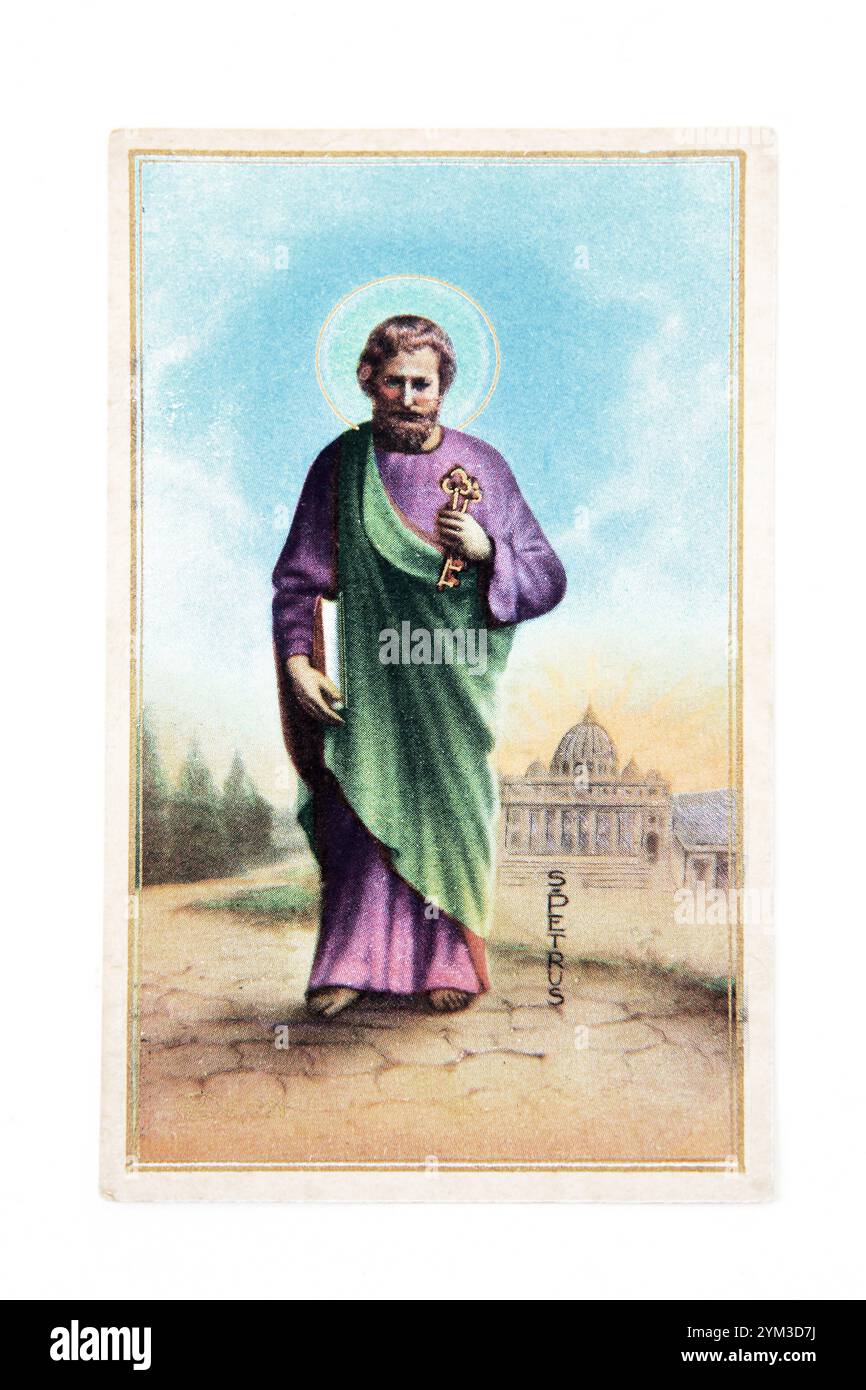 Una carta di preghiera d'epoca italiana con San Pietro in mano le chiavi del Paradiso con la Basilica di San Pietro in Vaticano Foto Stock