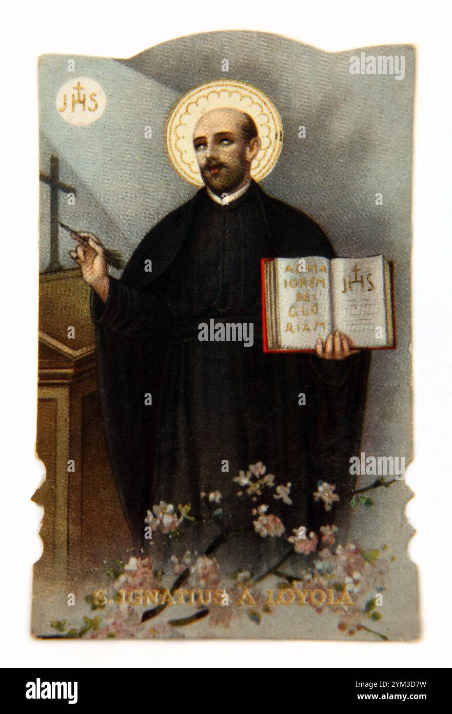 Carta di preghiera d'epoca con illustrazione di Sant'Ignazio di Loyola 1491-1556 sacerdote cattolico spagnolo e teologo che ha fondato l'ordine religioso o Foto Stock